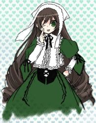 Rule 34 | 00s, 1girl, akanbe, brown hair, corset, dress, drill hair, eyelid pull, frills, green dress, green eyes, hand on own hip, hat, lolita fashion, long hair, long sleeves, one eye closed, rozen maiden, solo, suiseiseki, tongue, tongue out, twin drills, twintails, very long hair