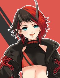 Rule 34 | 1girl, black background, black hair, black jacket, black sports bra, blue eyes, blush, breasts, chain, commentary request, cropped jacket, demon girl, demon horns, ear chain, ear piercing, earrings, hair between eyes, highres, horns, jacket, jewelry, kino haruc, looking at viewer, medium breasts, multicolored hair, nanashi inc., open clothes, open jacket, open mouth, piercing, pointy ears, red background, red hair, red sports bra, ryugasaki rene, ryugasaki rene (1st costume), short hair, smile, solo, sports bra, sugar lyric, two-tone background, two-tone hair, two-tone sports bra, underboob, upper body, virtual youtuber