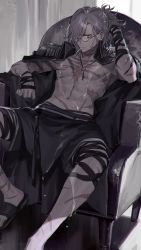 Rule 34 | 1boy, armchair, chair, cigarette, coat, coat on shoulders, edmond dantes (fate), edmond dantes (monte cristo selection) (fate), fate/grand order, fate (series), glasses, grey hair, itefu, jewelry, key, key necklace, male focus, necklace, scar, sitting, wet, yellow eyes