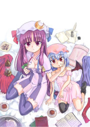 Rule 34 | 2girls, black legwear, breasts, cleavage, clothes pull, cookie, dress, dress pull, female focus, food, from above, full body, hat, homura subaru, mob cap, multiple girls, patchouli knowledge, pulled by self, remilia scarlet, saucer, see-through, sitting, striped clothes, striped dress, thighhighs, touhou, vertical-striped clothes, vertical-striped dress, zettai ryouiki