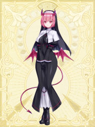 Rule 34 | 1girl, black gloves, boots, breasts, chain paradox, cocytus (wind master), demon girl, demon horns, demon tail, demon wings, full body, gloves, habit, high heel boots, high heels, highres, horns, jewelry, large breasts, looking at viewer, low wings, necklace, nun, own hands together, pink eyes, pink hair, short hair, smile, solo, tail, wings