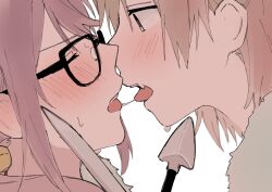 Rule 34 | 2girls, after kiss, aijou karen, arrow (projectile), blonde hair, blush, close-up, closed eyes, ear blush, fang, french kiss, fur trim, glasses, haruka 3442, highres, hoshimi junna, kiss, looking at another, multiple girls, purple hair, saliva, saliva swap, saliva trail, shoujo kageki revue starlight, sidelocks, simple background, sweat, sword, teeth, tongue, tongue out, upper teeth only, weapon, yuri