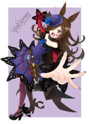 Rule 34 | 1girl, animal ears, back bow, belt, black belt, black bow, black footwear, black thighhighs, blue flower, blue hat, blue rose, bow, character name, commentary, copyright name, dagger, dress, flower, foreshortening, from side, fur collar, hair over one eye, hat, hat flower, high heels, highres, horse ears, horse girl, horse tail, katahira masashi, knife, long bangs, long hair, long sleeves, looking at viewer, nail polish, off-shoulder dress, off shoulder, open mouth, outstretched arm, purple dress, purple eyes, purple nails, reaching, reaching towards viewer, rice shower (umamusume), rose, sheath, sheathed, short dress, smile, solo, sparkle, standing, tail, thighhighs, tilted headwear, umamusume, weapon