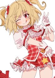 Rule 34 | 1girl, ;q, absurdres, ayano rika, blonde hair, blush, bow, bowtie, center frills, closed mouth, collared shirt, corset, frilled shirt, frilled skirt, frills, gloves, hair bow, hand up, high heels, highres, kamiha magica idol costume, kure7753, leg up, magia record: mahou shoujo madoka magica gaiden, mahou shoujo madoka magica, medium hair, multicolored hair, official alternate costume, one eye closed, plaid, plaid corset, plaid skirt, puffy short sleeves, puffy sleeves, red bow, red bowtie, red corset, red eyes, red footwear, red skirt, shirt, short sleeves, simple background, skirt, smile, solo, star (symbol), swept bangs, tied sleeves, tongue, tongue out, two-tone hair, underbust, v, white background, white gloves, white shirt