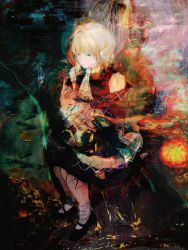 Rule 34 | 1girl, abstract background, arm warmers, black footwear, black shirt, black skirt, blonde hair, brown jacket, closed mouth, expressionless, full body, green eyes, highres, jacket, mary janes, mizuhashi parsee, multicolored clothes, multicolored jacket, off shoulder, pointy ears, scarf, shirt, shoes, short hair, sitting, skirt, sleeveless, sleeveless shirt, socks, solo, touhou, white scarf, white socks, xbsx