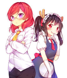 Rule 34 | 2girls, apron, black hair, black pants, blush, breast pocket, closed mouth, collared shirt, commentary, cosplay, crossed arms, dragon horns, dress shirt, elbow gloves, frilled sleeves, frills, frown, glasses, gloves, hair ribbon, hairband, holding, horns, kaxukin, kobayashi-san chi no maidragon, kobayashi (maidragon), kobayashi (maidragon) (cosplay), lolita hairband, long hair, love live!, love live! school idol project, maid, multiple girls, necktie, nishikino maki, open mouth, pants, pink eyes, pocket, red hair, red necktie, red ribbon, ribbon, shirt, simple background, sleeves past wrists, smile, smirk, tohru (maidragon), tooru (maidragon) (cosplay), tray, twintails, white background, white gloves, white shirt, wing collar, yazawa nico, yellow necktie