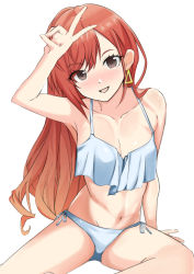 Rule 34 | 1girl, :d, abs, absurdres, arisugawa natsuha, arm support, arm up, armpits, bare arms, bare legs, bikini, blush, breasts, brown eyes, cleavage, collarbone, earrings, groin, hand on own head, highres, idolmaster, idolmaster shiny colors, jewelry, long hair, looking at viewer, medium breasts, navel, open mouth, orange hair, shi6zakuro, side-tie bikini bottom, simple background, sitting, sleeveless, smile, solo, swimsuit, underwear, underwear only, v, white background, white bikini
