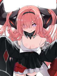 Rule 34 | 1girl, :q, areola slip, azur lane, black dress, black hairband, breasts, cleavage, collarbone, commentary request, cross, dress, hair over one eye, hairband, highres, iron cross, kimofest, long hair, long sleeves, looking at viewer, medium breasts, off-shoulder dress, off shoulder, pink hair, prinz rupprecht (azur lane), purple eyes, simple background, sleeves past fingers, sleeves past wrists, solo, tongue, tongue out, white background