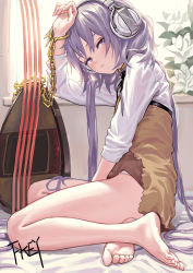 Rule 34 | 1girl, artist name, bare legs, barefoot, biwa lute, blush, chain, feet, fkey, flower, full body, gold chain, half-closed eyes, headphones, highres, indoors, instrument, light purple hair, looking at viewer, lute (instrument), no pants, panties, purple eyes, signature, sitting, soles, solo, toes, touhou, tsukumo benben, underwear, white flower, white panties
