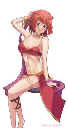 Rule 34 | 1girl, absurdres, amami haruka, arabian clothes, bare shoulders, blush, bow, bra, bracelet, breasts, brown hair, cleavage, collarbone, dated, hair bow, highres, idolmaster, idolmaster (classic), idolmaster million live!, invisible chair, jewelry, looking at viewer, medium breasts, red bra, rj edward (artist), simple background, sitting, smile, solo, twitter username, underwear, white background