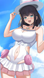 Rule 34 | 1girl, absurdres, bare shoulders, braid, breasts, brown hair, charlotte corday (fate), charlotte corday (swimsuit caster) (fate), charlotte corday (swimsuit caster) (second ascension) (fate), choker, cleavage, collarbone, fate/grand order, fate (series), flower, green eyes, hat, highleg, highleg swimsuit, highres, higofushi, jewelry, large breasts, looking at viewer, miniskirt, navel, necklace, one-piece swimsuit, open mouth, pendant, short hair, side braid, skirt, smile, solo, swimsuit, thigh strap, thighs, white hat, white one-piece swimsuit