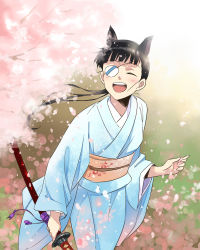 Rule 34 | 1girl, :d, ^ ^, agahari, alternate costume, animal ears, black hair, blush, cherry blossoms, closed eyes, eyepatch, closed eyes, happy, highres, japanese clothes, long hair, open mouth, petals, ponytail, sakamoto mio, smile, solo, strike witches, sword, tree, weapon, world witches series