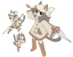 Rule 34 | 1girl, animal ears, bandages, boots, brown footwear, brown hair, final fantasy, final fantasy xiv, hair ornament, highres, long hair, miqo&#039;te, no pupils, original, polearm, solo, spear, tail, temmie chang, temmie chang (character), warrior of light (ff14), weapon
