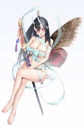 Rule 34 | 1girl, absurdres, aqua ribbon, black hair, blush, bow, breasts, breath, butterfly wings, cleavage, commission, crossed legs, eyelashes, full body, hair between eyes, hand up, heart, heart-shaped pupils, highres, holding, holding sword, holding weapon, horns, insect wings, large breasts, licking lips, long hair, looking at viewer, mole, mole under eye, mole under mouth, naked ribbon, navel, original, pixiv commission, ponytail, ribbon, silver tokki, solo, sword, symbol-shaped pupils, tongue, tongue out, weapon, wings