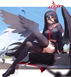 Rule 34 | 1girl, absurdres, black choker, black footwear, black gloves, black hair, black serafuku, black skirt, black thighhighs, black wings, blue archive, breasts, choker, closed mouth, day, feathered wings, feathers, gloves, halo, hasumi (blue archive), highres, large breasts, long hair, long sleeves, looking at viewer, neckerchief, outdoors, pleated skirt, red eyes, red halo, red neckerchief, sailor collar, school uniform, serafuku, shoes, sitting, skirt, solo, squidsmith, thighhighs, very long hair, white sailor collar, wings