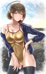 Rule 34 | 1girl, ahoge, black thighhighs, blue jacket, breasts, brown eyes, brown hair, commentary request, competition school swimsuit, gold one-piece swimsuit, hair bun, highres, idolmaster, idolmaster shiny colors, impossible clothes, impossible swimsuit, jacket, kagari naoto, kuwayama chiyuki, large breasts, mature female, one-piece swimsuit, school swimsuit, solo, swimsuit, thighhighs