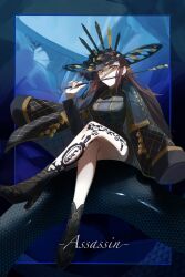 Rule 34 | 1boy, 1girl, absurdres, assassin (fate/samurai remnant), black dress, black footwear, black headwear, black jacket, boots, brown eyes, brown hair, closed mouth, commentary request, covered mouth, crossed legs, dorothea coyett, dress, fate/samurai remnant, fate (series), hat, high heel boots, high heels, highres, hood, hood up, jacket, jacket on shoulders, leg tattoo, long hair, long sleeves, looking at viewer, mask, mouth mask, ninja, omame korokor, sitting, smile, snake, tattoo