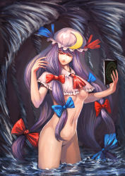 Rule 34 | 1girl, aako, absurdres, book, bottomless, breasts, crescent, female focus, hair ribbon, hat, highres, lips, long hair, navel, patchouli knowledge, purple eyes, purple hair, ribbon, smile, solo, touhou, underboob, water