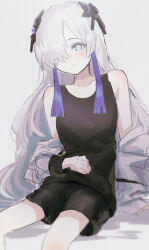 Rule 34 | 1girl, :o, bare shoulders, black shirt, black shorts, blue eyes, blush, collarbone, feet out of frame, flower-shaped pupils, grey background, grey hair, hair ornament, hair over one eye, highres, isekai joucho, jacket, kamitsubaki studio, long hair, long sleeves, looking at viewer, multicolored hair, off shoulder, open clothes, open jacket, parted lips, puffy long sleeves, puffy sleeves, purple hair, rice (okome no naru ki), shirt, shorts, simple background, sitting, sleeveless, sleeveless shirt, solo, streaked hair, symbol-shaped pupils, very long hair, virtual youtuber, white jacket