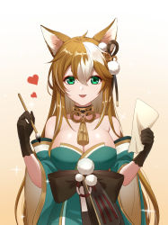 Rule 34 | 1girl, animal ears, bow, bowtie, breasts, brush, cleavage, dog ears, genshin impact, green eyes, highres, hina (genshin impact), large breasts, letter, light brown hair, looking at viewer, multicolored hair, nine (pixiv2571715), paw print, smile, solo, sparkle, streaked hair, white hair, wide sleeves