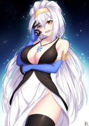 Rule 34 | 1girl, black and white dress, black thighhighs, blue gloves, breasts, cleavage, exposed legs, gloves, highres, jewelry, large breasts, long glove, long hair, necklace, ribbon, shiny skin, smile, solo, tensei shitara slime datta ken, thighhighs, thighs, velzard, white hair, yellow eyes, yellow ribbon