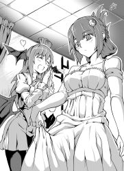 Rule 34 | 2girls, :/, alternate hairstyle, bare shoulders, breasts, bridal gauntlets, clothes lift, crescent, crescent hair ornament, demon wings, dress, evening gown, greyscale, hair ornament, head wings, heart, highres, koakuma, monochrome, multiple girls, open mouth, pantyhose, patchouli knowledge, puffy sleeves, ryuuno stadtfeld, skirt, skirt lift, smile, spoken heart, touhou, wings