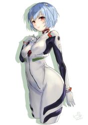 Rule 34 | 1girl, 2014, arm behind back, ayanami rei, blue hair, blush, bodysuit, bracer, breasts, cowboy shot, dated, expressionless, from side, gloves, hand on own chest, headgear, interface headset, looking at viewer, md5 mismatch, neon genesis evangelion, pilot suit, pisuke, plugsuit, red eyes, shadow, short hair, signature, simple background, small breasts, solo, turtleneck, white background