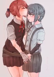 Rule 34 | 2girls, blush, closed eyes, kissing forehead, from side, gloves, grey hair, kantai collection, kasumi (kancolle), kiss, kissing forehead, multiple girls, nekura kuroraro, open mouth, partially translated, pleated skirt, shiranui (kancolle), short sleeves, side ponytail, skirt, translation request, yellow eyes, yuri
