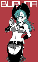 Rule 34 | 1girl, armband, bikini, bikini top only, blue eyes, blue hair, bulma, chaps, character print, closed mouth, cowboy hat, cowboy shot, dragon ball, fringe trim, half updo, hand on own hip, hat, holding, k-haruka, legs together, long hair, looking at viewer, matching hair/eyes, navel, red background, shorts, simple background, smile, solo, stomach, swimsuit, vegeta