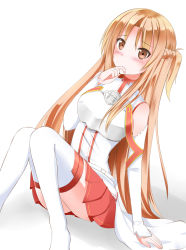 Rule 34 | 10s, 1girl, armor, asuna (sao), bare shoulders, blush, breastplate, brown eyes, brown hair, catstudioinc, catstudioinc (punepuni), detached sleeves, hand to own mouth, long hair, skirt, solo, sword art online, thighhighs, white armor, white background, white thighhighs