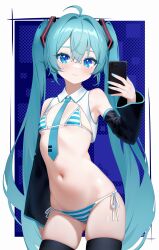 Rule 34 | 1girl, aqua eyes, aqua hair, aqua nails, aqua necktie, bare shoulders, bikini, black sleeves, black thighhighs, blush, breasts, cropped shirt, detached sleeves, finn flint, hair ornament, hatsune miku, highres, holding, holding phone, long hair, long sleeves, looking at viewer, navel, necktie, phone, small breasts, smile, solo, stomach, striped clothes, swimsuit, thighhighs, twintails, very long hair, vocaloid
