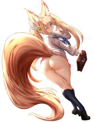 Rule 34 | 1girl, animal ear fluff, animal ears, ass, black socks, blonde hair, blue eyes, braco, brown skirt, brown sweater, commentary, commission, daiwa scarlet (umamusume), elin, english commentary, feathers, fox ears, fox girl, from side, full body, hair ornament, huge ass, hugging own tail, hugging tail, kneehighs, knees up, large tail, long hair, no panties, one eye closed, open mouth, plushmallow (elin), ponytail, school uniform, shirt, simple background, skirt, socks, solo, sweater, tail, tamamo (fate), tera online, thighs, white background, white shirt