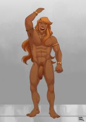 Rule 34 | 1boy, abs, barefoot, body hair, full body, highres, kupo klein, long hair, male focus, muscular, nude, pectorals, penis, smile, solo