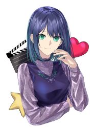 Rule 34 | 1girl, absurdres, aqua hair, blue dress, blue hair, breasts, clapperboard, closed mouth, covered collarbone, cropped torso, dress, eyes visible through hair, gradient hair, green eyes, hand on own face, hand up, heart, highres, kurokawa akane, light smile, long sleeves, looking at viewer, medium breasts, medium hair, multicolored hair, oshi no ko, see-through, see-through shirt, simple background, smile, solo, star (symbol), suprii, upper body, white background