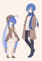 Rule 34 | 1boy, 1girl, 7takada, :o, ahoge, arm behind back, beret, black pants, blue eyes, blue hair, blue scarf, blush, bow, braid, brown coat, brown gloves, brown vest, coat, cross-laced footwear, dress, full body, gloves, hair bow, hand up, hands in pockets, hat, height difference, highres, kaito (vocaloid), long hair, long sleeves, looking at viewer, low-braided long hair, low-tied long hair, otomachi una, pants, scarf, shoes, short hair, sidelocks, simple background, sneakers, socks, sweater, sweater dress, turtleneck, turtleneck sweater, twin braids, twintails, very long hair, vest, vocaloid, white background, white socks, white sweater, yellow bow, yellow footwear