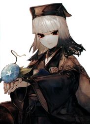 Rule 34 | 1girl, albino (a1b1n0623), black eyes, black hair, black headwear, black kimono, blue flower, closed mouth, commentary request, eyeshadow, fate/grand order, fate (series), flower, gradient background, highres, hime cut, holding, holding flower, japanese clothes, kimono, long sleeves, makeup, medium hair, morning glory, multicolored hair, obi, red eyeshadow, sash, sen no rikyu (fate), sen no rikyu (second ascension) (fate), simple background, smile, solo, two-tone hair, upper body, white background, white hair, wide sleeves