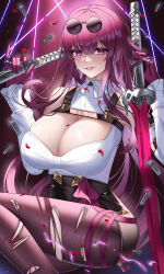 Rule 34 | 1girl, absurdres, ayi01, black shorts, breasts, cleavage, commentary request, dual wielding, eyewear on head, grin, highres, holding, holding sword, holding weapon, honkai: star rail, honkai (series), kafka (honkai: star rail), katana, large breasts, long hair, long sleeves, looking at viewer, pantyhose, parted lips, purple eyes, purple hair, purple pantyhose, shirt, short shorts, shorts, sitting, smile, solo, sunglasses, sword, thighs, torn clothes, torn pantyhose, very long hair, weapon, white shirt