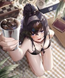 Rule 34 | 1girl, absurdres, bare arms, bare legs, bare shoulders, bikini, black bikini, black hair, black hairband, blue archive, blush, book, breasts, coffee, cup, from above, hair between eyes, hairband, halo, highres, holding, holding cup, ice, jewelry, long hair, looking at viewer, official alternate costume, open mouth, pendant, purple eyes, sihana156, small breasts, solo, swimsuit, ui (blue archive), ui (swimsuit) (blue archive), yellow halo
