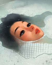 Rule 34 | 1girl, black hair, floating, floating hair, freckles, green eyes, highres, lips, long hair, looking up, parted lips, partially submerged, sam yang, solo, water
