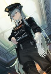 Rule 34 | 1girl, absurdres, arknights, black gloves, black hat, black pants, black shirt, bulletproof vest, closed mouth, collared shirt, commentary request, cowboy shot, dragon horns, eyelashes, gloves, hair between eyes, hand on own hip, hat, highres, horns, huge filesize, izumo (ton 63), long hair, looking at viewer, official alternate costume, orange eyes, pants, partial commentary, peaked cap, police, police uniform, saria (arknights), saria (the law) (arknights), shirt, silver hair, single glove, solo, strap, tactical clothes, uniform, walkie-talkie, wing collar