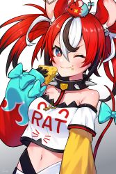 Rule 34 | 1girl, animal, animal ears, animal on head, bare shoulders, black hair, blue eyes, bow, cheese, collar, food, food on face, hakos baelz, highres, holocouncil, hololive, hololive english, key, midriff, mouse (animal), mouse ears, mouse girl, mouse tail, multicolored eyes, multicolored hair, navel, on head, one eye closed, red eyes, red hair, simple background, smile, solo, spiked collar, spikes, tail, tail bow, tail ornament, tomozu, twintails, virtual youtuber, white hair