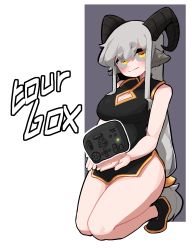 Rule 34 | 1girl, absurdres, animal ears, bare arms, bare shoulders, black dress, black footwear, breasts, china dress, chinese clothes, cleavage, cleavage cutout, closed mouth, clothing cutout, commentary, dress, english commentary, full body, grey background, grey hair, highres, horizontal pupils, horns, kneeling, long hair, looking at viewer, medium breasts, min lona, original, outline, shoes, short eyebrows, sleeveless, sleeveless dress, smile, solo, thick eyebrows, tourbox, two-tone background, very long hair, white background, white outline, yellow eyes