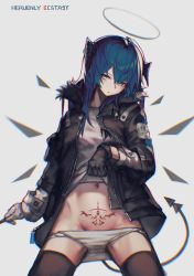 Rule 34 | 1girl, absurdres, arknights, bad id, bad pixiv id, black gloves, black jacket, blue eyes, blue hair, clothes lift, fur-trimmed jacket, fur trim, gloves, groin, hair between eyes, halo, head tilt, highres, horns, jacket, lifted by self, long hair, long sleeves, looking at viewer, mostima (arknights), navel, open clothes, panties, panty pull, pubic tattoo, shirt, solo, tattoo, underwear, veilrain, white shirt
