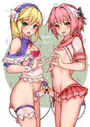 Rule 34 | 2boys, anal, anal object insertion, astolfo (fate), astolfo (sailor paladin) (fate), blonde hair, blush, braid, censored, chevalier d&#039;eon (fate), crossdressing, cum, erection, fang, fate/grand order, fate (series), green eyes, hair ribbon, halterneck, heart, heart-shaped pupils, heart hands, highres, long hair, looking at viewer, male focus, male penetrated, microskirt, multiple boys, nipples, object insertion, official alternate costume, open mouth, penis, penises touching, pink hair, purple eyes, remote control vibrator, ribbon, saliva, school uniform, serafuku, sex toy, simple background, single braid, skin fang, skirt, stmast, symbol-shaped pupils, testicles, transparent censoring, trap, trembling, vibrator, vibrator in anus, yaoi