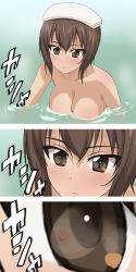 Rule 34 | 10s, 1girl, 3koma, a1 (initial-g), arm at side, bath, bathing, blush, breasts, brown eyes, brown hair, cleavage, close-up, closed mouth, collarbone, comic, commentary request, expressionless, eye reflection, female focus, girls und panzer, hair between eyes, highres, large breasts, looking at breasts, looking at viewer, matching hair/eyes, nipples, nishizumi maho, nude, onsen, reflection, solo, solo focus, submerged, topless, towel, towel on head, translation request, upper body, water, white towel