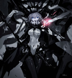 Rule 34 | 1girl, absurdres, abyssal ship, blue eyes, bodysuit, breasts, cane, cape, cell (acorecell), colored skin, glowing, hand up, headgear, highres, holding, holding cane, kantai collection, long hair, looking at viewer, medium breasts, monster, pale skin, silver hair, simple background, solo, tentacles, white skin, wo-class aircraft carrier