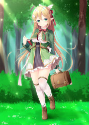 Rule 34 | 1girl, absurdres, bad proportions, belt, blonde hair, blush, book, bow, braid, breasts, brown footwear, day, forest, frills, full body, green eyes, green skirt, hair ornament, hand up, highres, luggage, medium breasts, nature, original, outdoors, pointy ears, red bow, red neckwear, skirt, smile, standing, standing on one leg, sunlight, thighhighs, white thighhighs, yukimura usagi
