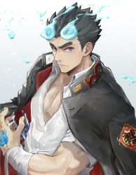 Rule 34 | 1boy, bandaged arm, bandages, bara, black eyes, black hair, black jacket, blue fire, closed mouth, collared shirt, fiery horns, fire, gakuran, gradient background, grey background, hair slicked back, highres, horns, jacket, jacket on shoulders, looking at viewer, male focus, muscular, muscular male, pectoral cleavage, pectorals, revision, sakimori toji, school uniform, shirt, short hair, short sleeves, solo, tass commuovere, thick eyebrows, tokyo houkago summoners, upper body, white background, white shirt