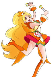 Rule 34 | 10s, 1girl, :d, alternate form, arms up, bakusai, blonde hair, boots, cure honey, cure honey (coconut samba), dancing, dual wielding, full body, happinesscharge precure!, happy, holding, knee boots, long hair, oomori yuuko, open mouth, precure, samba, skirt, smile, solo, very long hair, wand, white background, wrist cuffs, yellow eyes