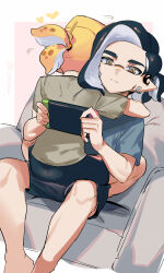 Rule 34 | 2boys, black hair, blonde hair, border, closed mouth, commentary, couch, earrings, grey eyes, grey shirt, handheld game console, heart, highres, holding, holding handheld game console, inkling, inkling boy, inkling player character, jewelry, jinkoika, male focus, medium hair, multiple boys, nintendo, nintendo switch, on couch, on lap, pointy ears, ponytail, shirt, short hair, splatoon (series), symbol-only commentary, tentacle hair, white border, yaoi